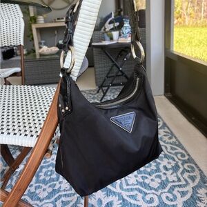 Authentic black Prada Hobo shoulder bag in nylon and leather.